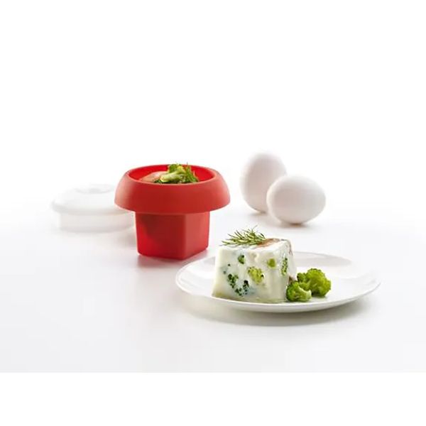 Set van 2 eierkokers uit silicone voor magnetron of au-bain-marie rood - vierkant en cilinder 