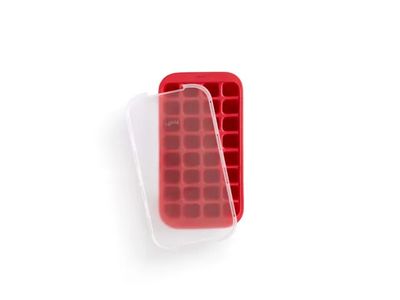 Ijsblokjesvorm uit rubber voor 32 ijsblokken rood met deksel