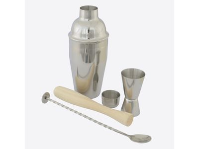 4-del. cocktailset - barlepel, maatje, stamper & cobbler shaker