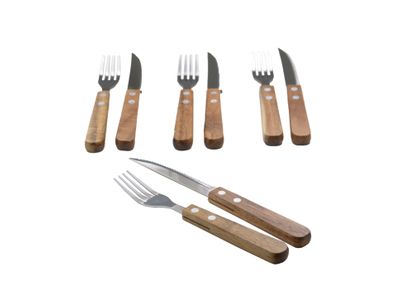 Set van 4 vorken en 4 steakmessen met handvat uit acaciahout