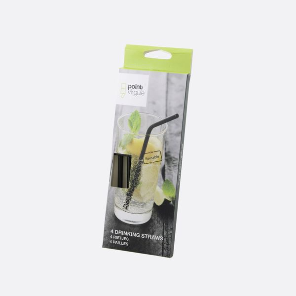 Set van 4 cocktailrietjes uit rvs zwart met reinigingsborstel 20.5cm 