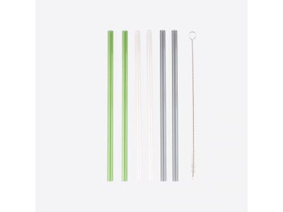 6 glazen rietjes transp., groen en grijs met borstel en zakje 21.5cm