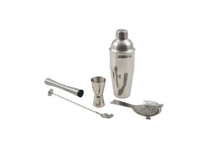 Cocktailset met Cobbler shaker, cocktailmaatje, stamper, barlepel en cocktailzeef