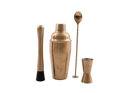 4-delige cocktailset rvs goud: barlepel - maatje - stamper - cobbler shaker