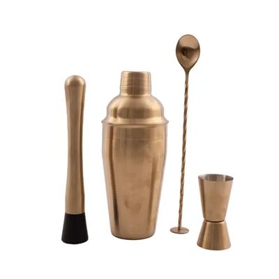 4-delige cocktailset rvs goud: barlepel - maatje - stamper - cobbler shaker 