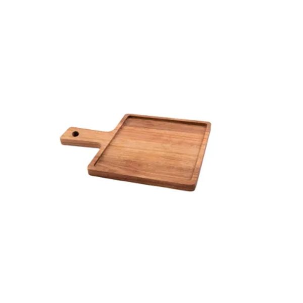 Hamburgerplank uit acaciahout met handvat vierkant 21cm FSC® 