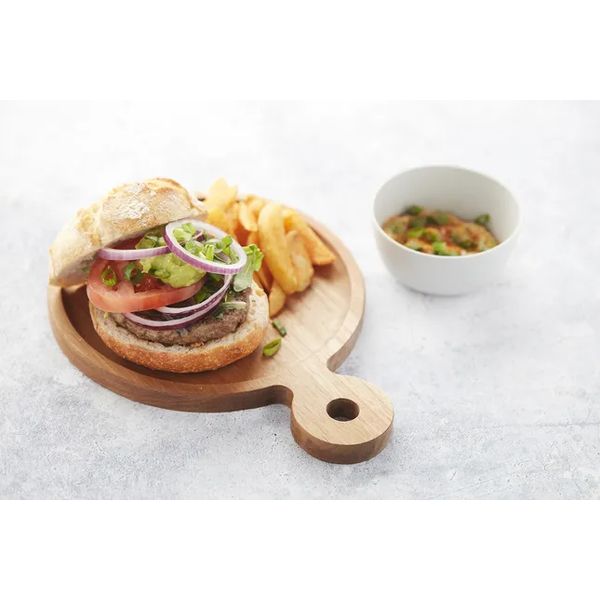 Hamburgerplank uit acaciahout met handvat rond ø 20cm FSC® 