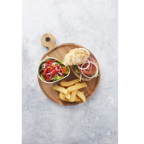 Hamburgerplank uit acaciahout met handvat rond ø 25cm FSC® 