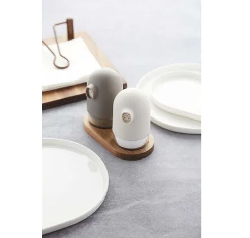 Set de salière et poivrière taupe/gris avec support  Point-Virgule