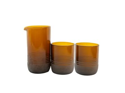 set van karaf 450 ml en 2 glazen 250ml uit upcycled glas roodbruin