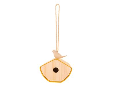 nichoir en fibre de bambou jaune ocre avec oiseau, ouverture 28mm, 16x14x16.5cm