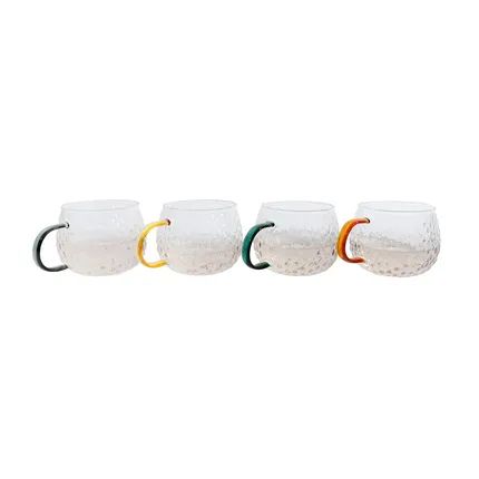set van 4 tassen met gekleurd handvat uit gehamerd borosilicaatglas 400ml 