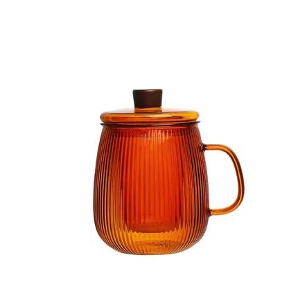theekop met filter in geribbeld borosilicaatglas 600ml donker oranje 