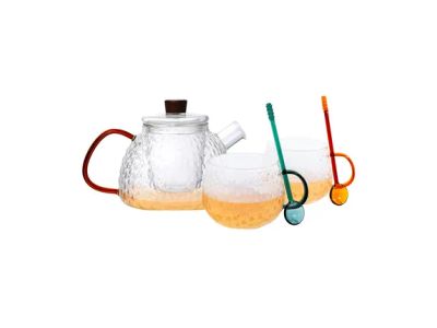 set van theepot met filter, 2 mokken en lepeltjes van borosilicaatglas