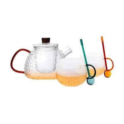 set van theepot met filter, 2 mokken en lepeltjes van borosilicaatglas