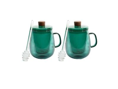 set van 2 theemokken met honinglepel in borosilicaatglas 600ml Forest Green