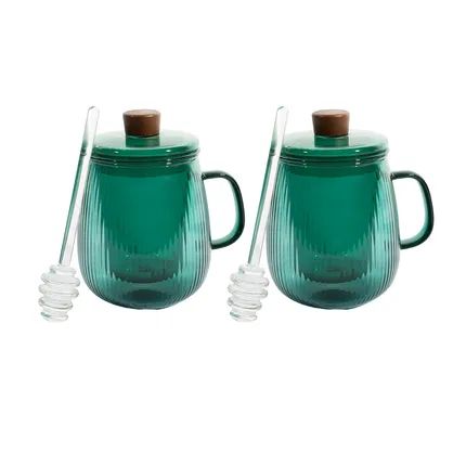 set van 2 theemokken met honinglepel in borosilicaatglas 600ml Forest Green