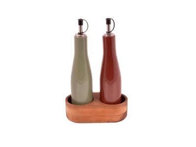 Sharing set van olie- en azijnfles uit steengoed en houder uit acacia 16x8x25cm
