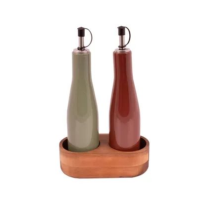 Sharing set van olie- en azijnfles uit steengoed en houder uit acacia 16x8x25cm