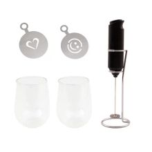cappuccino set 2 dubbelwandige glazen 250ml met melkopschuimer en stencil 