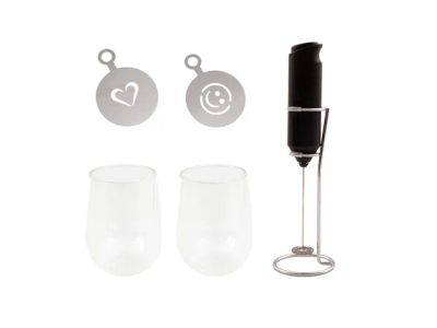 cappuccino set 2 dubbelwandige glazen 250ml met melkopschuimer en stencil