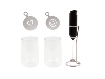 latte set 2 dubbelwandige glazen 350ml met melkopschuimer en stencil