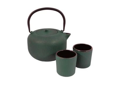 set de théière nervurée en fonte et 2 tasses revêtement émaillé intérieur Forest Green