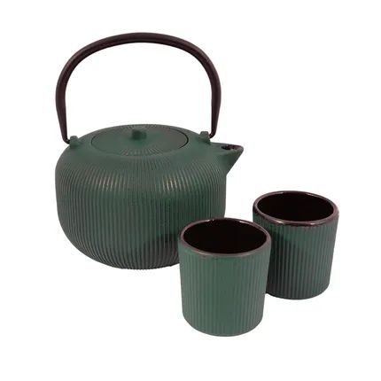 set geribbelde theepot en 2 kopjes uit gietzijzer met interne emaillaag Forest Green