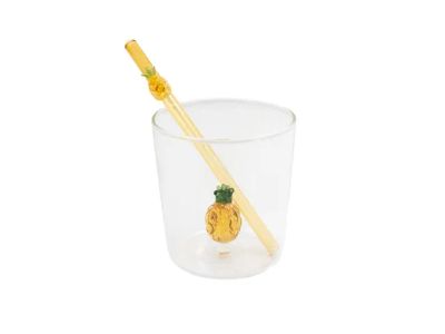 set van glas 300ml en rietje met uit borosilicaatglas ananas 