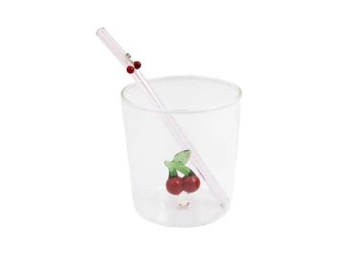 set van glas 300ml en rietje met uit borosilicaatglas kers