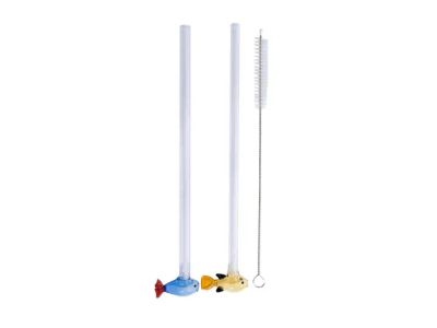 2 rietjes met vis uit borosilicaatglas met borstel 20cm geel en blauw