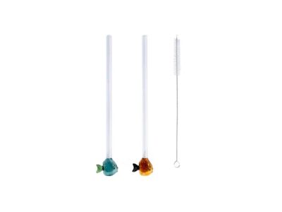 2 rietjes met vis uit borosilicaatglas met borstel 20cm groen  en oranje