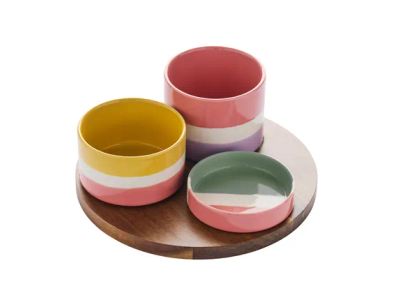 Sharing Summer set 3 schaaltjes uit steeng. met acacia dienblad 24x24x12cm