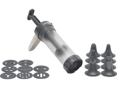 Cookie press inclusief 9 motiefschijven en 8 spuitmonden grijs/wit