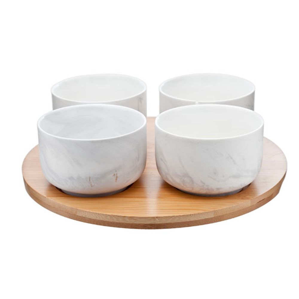 Cosy & Trendy Bowls Marble Grey Set5 4x Bowl-1x Bamboeplank Bowl D9xh6cm - Bambooplank D24.5cm