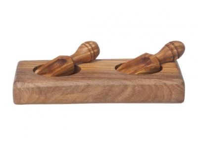 Peper- En Zoutset Met 2 Schepjes 14x6cm Olijfhout