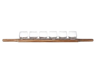 Aperoset 6 Glazen 1 Houten Plankje Glas D6.4x6cm Plankje 66.5x9.5x1.8cm