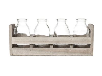 Krat Hout Met 4 Flesjes 24.5x7xh11cm 