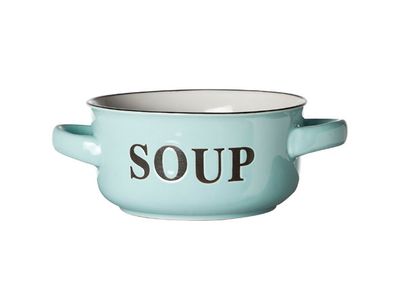 Soep Kommetje Lichtblauw D13.5xh6.5cm Met Tekst Soup-  Handvaten 47cl