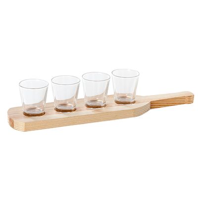 Plankje Met 4 Hapjes- Aperoglaasjes Plank 35x7,5x2cm - Glas D5xh6cm 5cl 