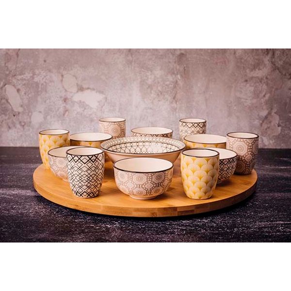 Cosy & Trendy Azra 14dlg Draaischotel D40cm Bamboe Bowl 6x 9x4,8 - 6x 5,6x6,7 - 1x 15x4,8