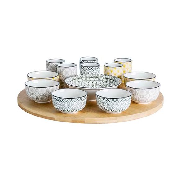 Cosy & Trendy Azra 14dlg Draaischotel D40cm Bamboe Bowl 6x 9x4,8 - 6x 5,6x6,7 - 1x 15x4,8