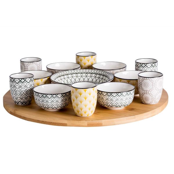 Cosy & Trendy Azra 14dlg Draaischotel D40cm Bamboe Bowl 6x 9x4,8 - 6x 5,6x6,7 - 1x 15x4,8