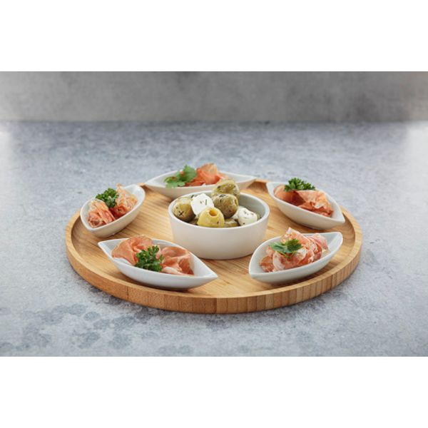 Cosy & Trendy Serveerplank D26xh3cm Rond Bamboe+6 Keramieken Bowls (11.5x5x25cm)