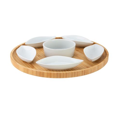 Serveerplank D26xh3cm Rond Bamboe+6 Keramieken Bowls (11.5x5x25cm)  Cosy & Trendy