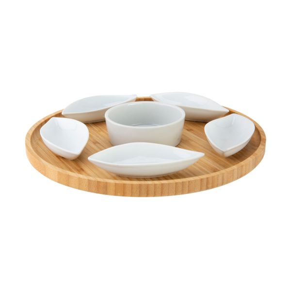 Cosy & Trendy Serveerplank D26xh3cm Rond Bamboe+6 Keramieken Bowls (11.5x5x25cm)