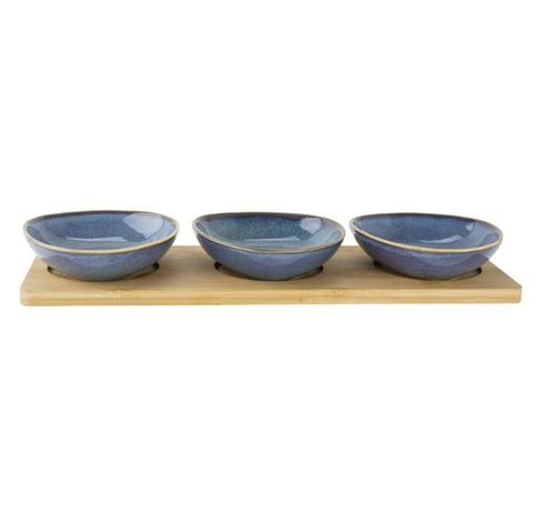 Serveerplank 31x11xh4cm Bamboe + 3 Bowlskeramiek Blauw  Cosy & Trendy