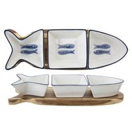 Branzino Set Apero 4pcs 27,7x9,5xh4,8cm Forme Poisson - 3 Coupelles + Base Bois 