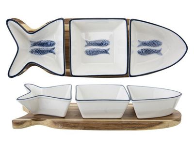 Branzino Aperoset 4dlg 27,7x9,5xh4,8cm Vorm Vis - 3 Potjes + Houten Basis