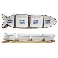 Branzino Set Apero 5pcs 37x9,5xh4,8cm Forme Poisson - 4 Coupelles + Base Bois 